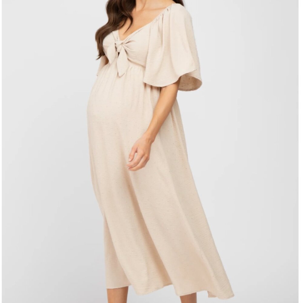 Pinkblush Beige Textured Dot Front Tie Ruffle Sleeve Maternity Midi Dress